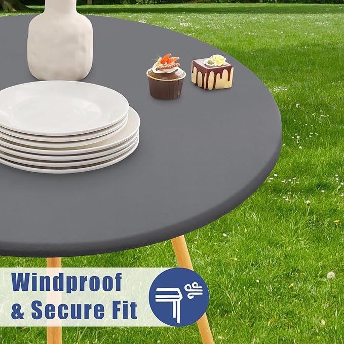 Round Spandex Tablecloth, Elastic Fitted Waterproof Tablecloths for 42"-50" Tables, Stretch Washable Picnic Table Cover for Camping, Dining, Indoor and Outdoor, Grey