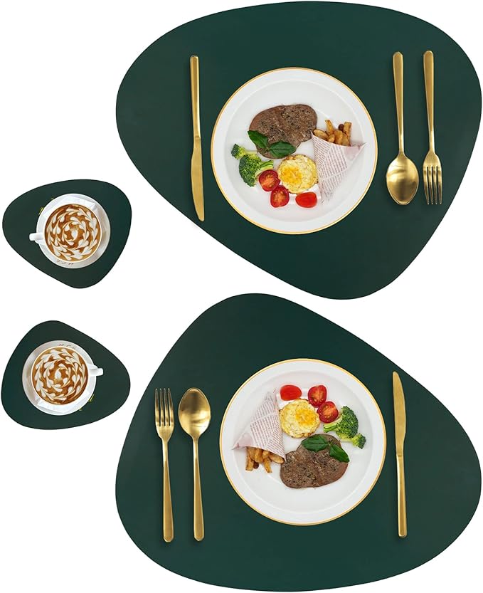 Leather Placemats for Dining Table Set of 2, Heat Resistant Easy to Clean Wipeable Waterproof Washable Modern Placemats for Kitchen Diner Table, Non Slip Anti-Skid Irregular Table Mats, Green