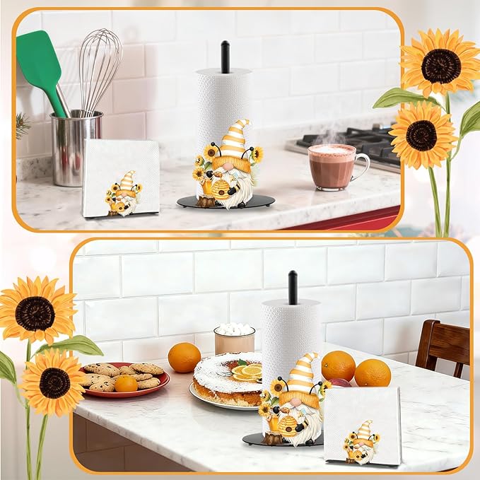 Sunflower Gnome Paper Towel Holder, Gnome Honey Bees Countertop Kitchen Decor Indoor with Round Base, Gnomes Lover Gifts, Iron Gnomes Napkin Holder Stand Accessories for Bathroom Kitchen Dining, 2 PCS