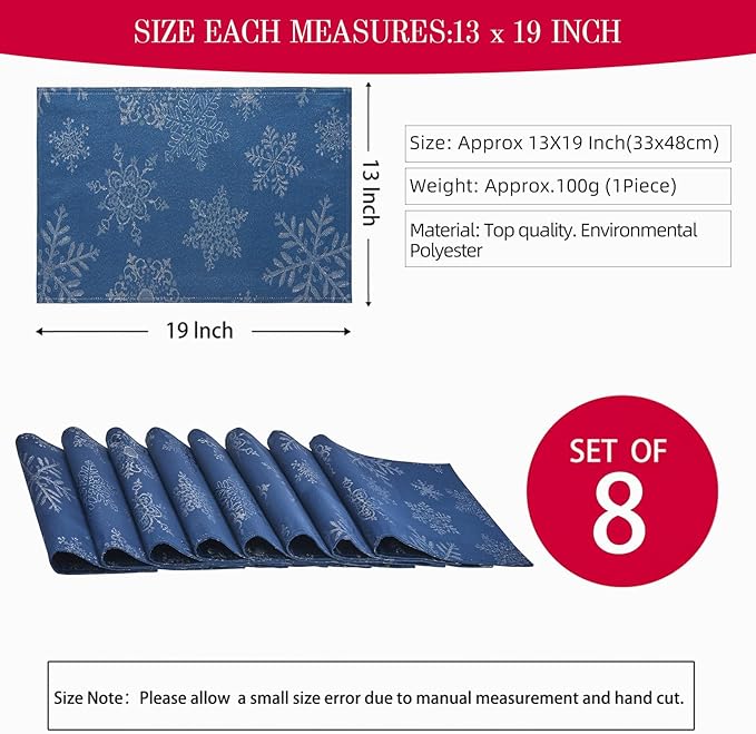 Cloth Place Mats Set of 8–Reusable Rectangular Waterproof Fabric Polyester Washable Wipeable Heat Resistant Jacquard Sparkling Metallic Snowflake for Kitchen Table(Navy Silver/13x19 Inch)