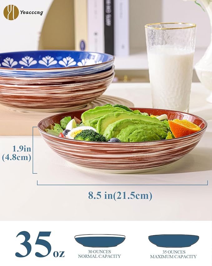 Yeacccng Pasta Bowls Set of 6, 35 Oz Ceramic Large Salad Bowl, 8.5 Inch Colorful Serving Bowls for Kitchen, Dishwasher & Microwave Safe, Scratch-Resistant, Lead-Free (Brown*3 + Blue*3)