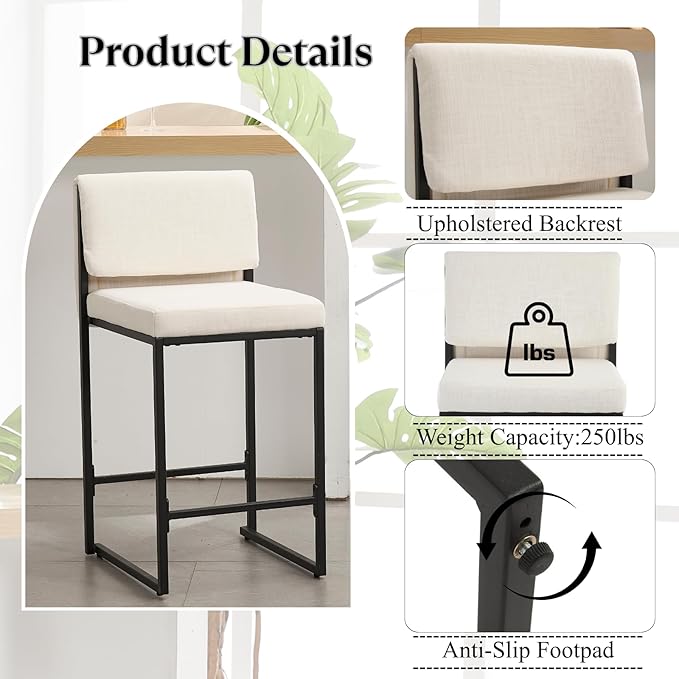 Modern Barstools Set of 4, 26” Upholstered Counter Height Bar Stools Sherpa Fabric Counter Stools with Padded Back Metal Frame for Kitchen Island Dining Room, White