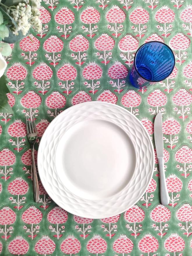 ATOSII Roma Green 100% Cotton Rectangle Spring Summer Tablecloth, Handblock Floral Table Cloth Linen for Kitchen Dining I Parties Wedding Outdoors Easter Picnics Holidays I 72 X 140 Inches I 12 Seater