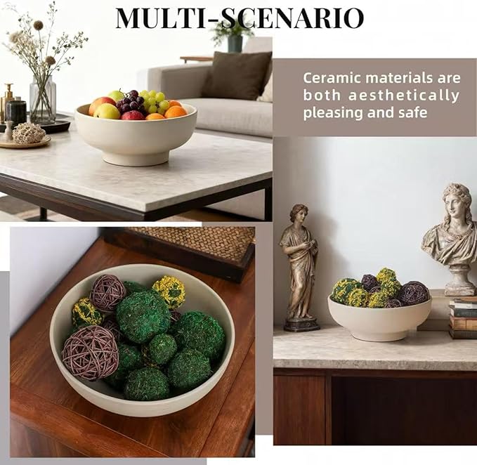 Stoneware Fruit Bowl for Kitchen Counter,Large Ceramic Decorative Bowls for Home Decor,Entryway Pedestal Bowl for Keys- 10.5Inch (Greige)