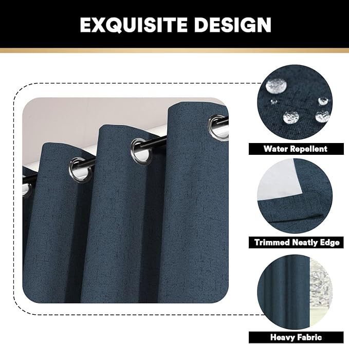 PrinceDeco Linen Blackout Curtains for Bedroom 64 Inches Long 100% Absolutely Blackout Linen Curtains Linen Blend Window Drapes Privacy Window Treatments for Bedroom/Kids Room,Set of 2, Navy,W42 X L64