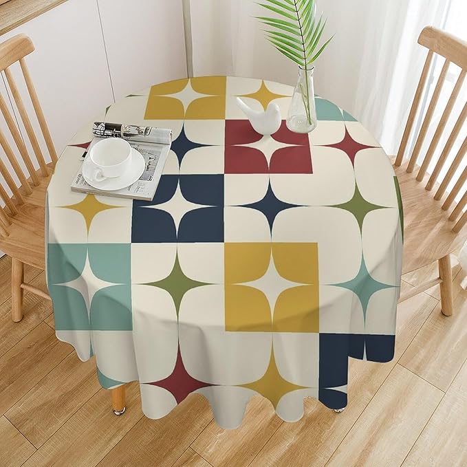 Middle Century Modern Round Tablecloth, Retro Mid Century Geometry Abstract Bohemia Tablecloth for Home Party Dining Room Kitchen Decor 36Inch(90cm)