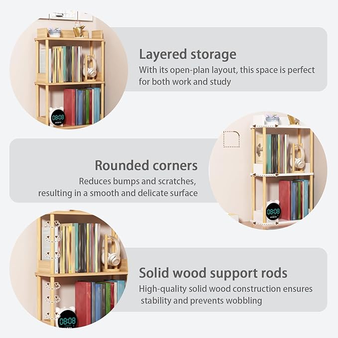 Desktop Organizer Shelf, Multi Tier Wood Tabletop Bookshelf, Space Saving Countertop Storage Rack for Office, Bedroom, Living Room(Light Walnut,11.8 * 7.8 * 26.7in)
