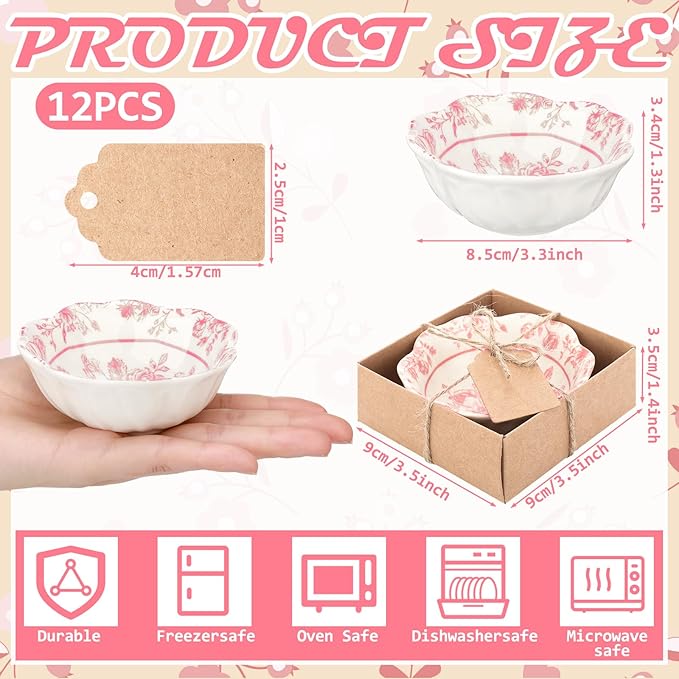 12 Pcs Wedding Favors for Guests Small Ceramic Bowl Bulk Gifts Set 3.3 Inch Floral Design Mini Dipping Sauce Dish with Card Box for Bridal Pooja Baby Shower Birthday Guest Gift (Pink)