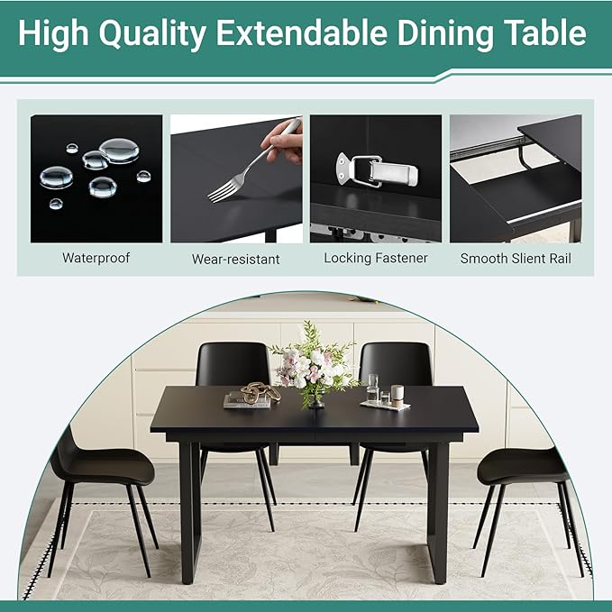 Extendable Dining Table Set for 6, 55"–71" Modern Black Kitchen Table with 6 Upholstered Chairs, Space-Saving for Living Room Apartment, Sturdy & Comfortable, Easy Assembly