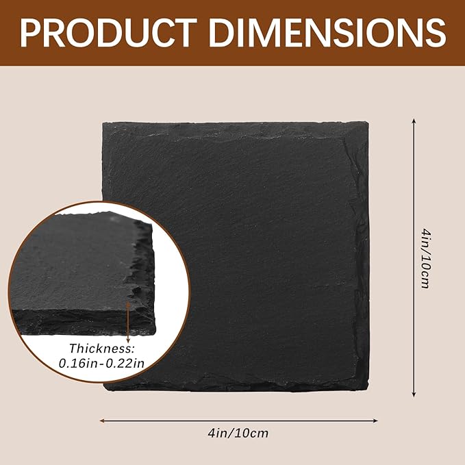 48 PCS Slate Coasters Black Square 4 Inch Bulk Rock, Blank Laser Engraving, Scratch Resistant Bottom, Home Office Kitchen Gift Wedding Bar Party Square Coasters