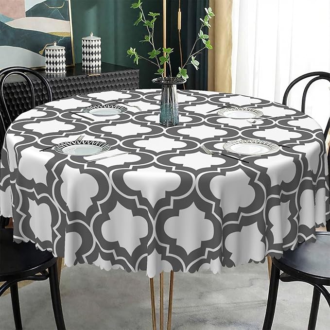 Laeacco 24 Inch Morocco Round Tablecloth Grey White Geometric Lattice Modern Abstract Art Print Table Cloth Washable Waterproof Wrinkle Free Table Cover for Kitchen Dining Picnic Party Decoration