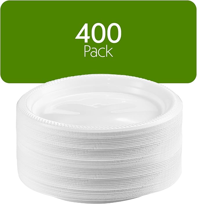 PLASTICPRO 400 PCS White Plastic Round 9 Inch Plastic Plates Premium Quality Light Weight Disposable Dishes Dinner Plates for Parties Weddings