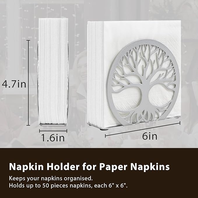 Silver Napkin Holder for Table – Sleek Standing Napkin Dispenser for Kitchen, Dining Room, or Coffee Shop | Perfect for 6-inch Cocktail Napkins, Farmhouse & Outdoor Spaces (6"x 1.7"x 4.9")