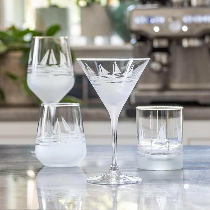 Rolf Glass Regatta Stemless Wine Tumbler 15.75 ounce | Proudly Made in the USA | Set of 4 Nautical Stemless Wine Glasses | Lead-Free Glass | Etched Tumbler Glasses