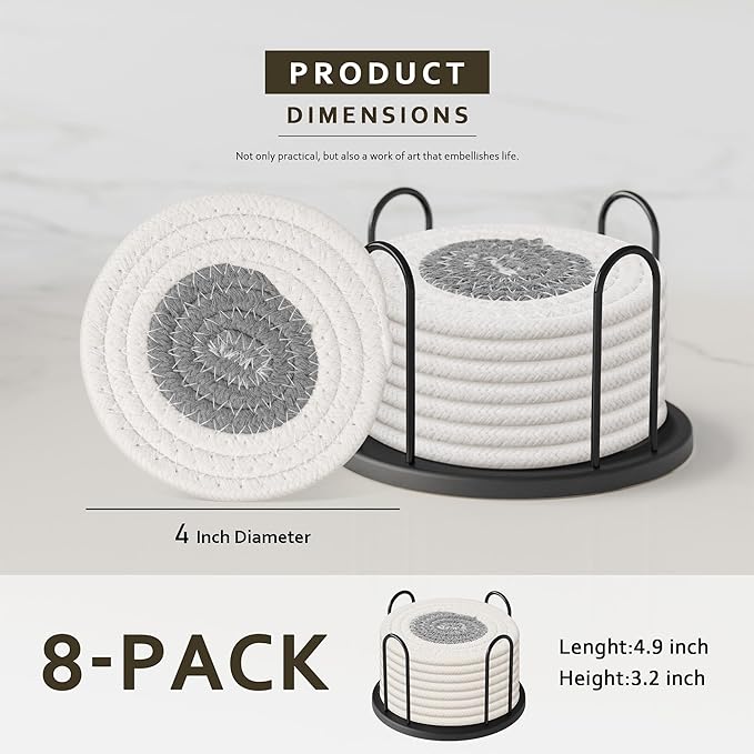 Coasters Set of 8 for Drinks, Beer, Coffee, Cotton Woven Absorbent Coaster with Holder, Boho Coasters for Home Decor Tabletop Protection Suitable for Kinds of Cups, White & Grey