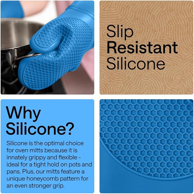 GORILLA GRIP BPA-Free Soft Silicone Oven Mitts, 14.5x8.3, Heat Resistant and Waterproof Cooking Gloves, Thick Cotton Lining, Flexible Gripping for Baking Grilling, Kitchen Potholders Set of 2, Aqua