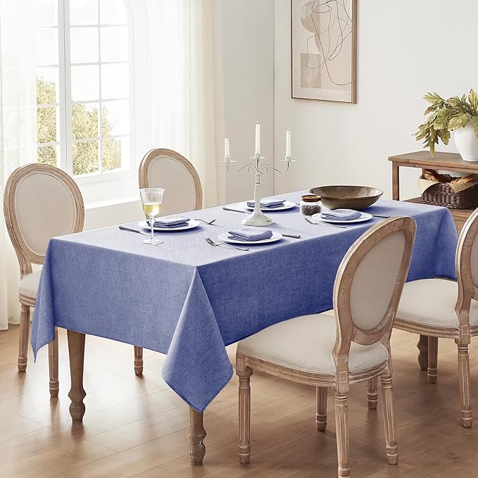 Softalker Extra Long Rectangular Tablecloths 60 x 120 inch Blue Faux Linen Table Cloth Outdoor Waterproof Stain and Wrinkle Resistant Table Cover for Spring Easter Party Picnic Decor Vintage Tabletop