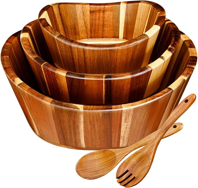 Yunlly Wooden Salad Bowl Set of 5 - Large Fruit Mixing Bowls with Salad Servers Utensils for Serving Dining Accessory - Handmade - Acacia Wood - Large 12", Medium 10", Small 8" (Wavy Design)