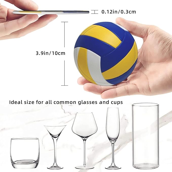 Volleyball Coasters for Drinks with Holder Round Leather Coasters Set of 6 Cups Mugs Mat Pad for Home Kitchen Bar