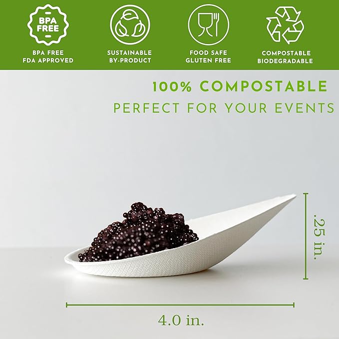 50 Pack Tiny Sugarcane Tear Spoon White Mini Eco-Friendly Tear Drop Serving Tray Disposable Plates Mini Appetizer Plates Sustainable Eco-Friendly Catering Supplies for Weddings CMJJ