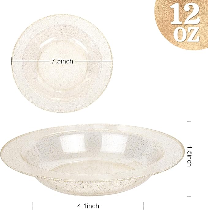 bUCLA 60 Pack Disposable Plastic Bowls 12oz - Clear Gold Glitter Plastic Salad/Dessert/Soup Bowls - Perfect for Party, Wedding & Thanksgiving