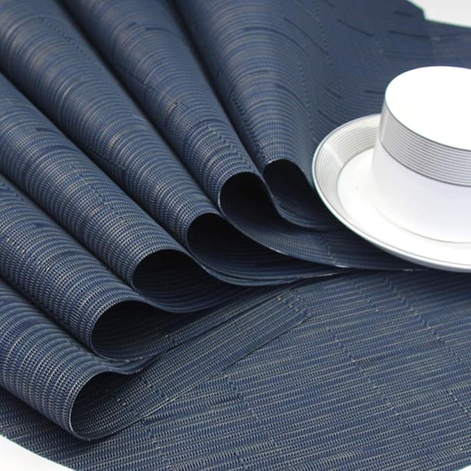 Wedge Placemats for Round Table Woven Vinyl Heat Resistant Washble Easy Clean Table Mats Set of 6（Navy）