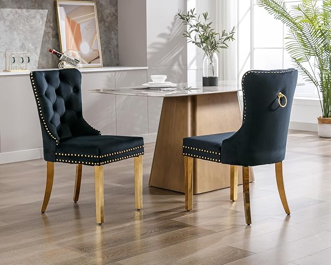 KCC Velvet Dining Chairs Set of 4, Upholstered High-end Tufted Dining Chair with Nailhead Back Ring Pull Trim Stainless Steel Legs, Contemporary Nikki Collection Modern Style for Kitchen, Black