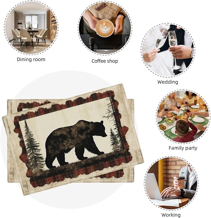 Bear Placemats Set of 4, Farmhouse Cabin Place Mats, Country Rustic Wild Animal Waterproof Washable Table Mats for Home Party Indoor Kitchen Dining Table Decoration 12x18 Inch