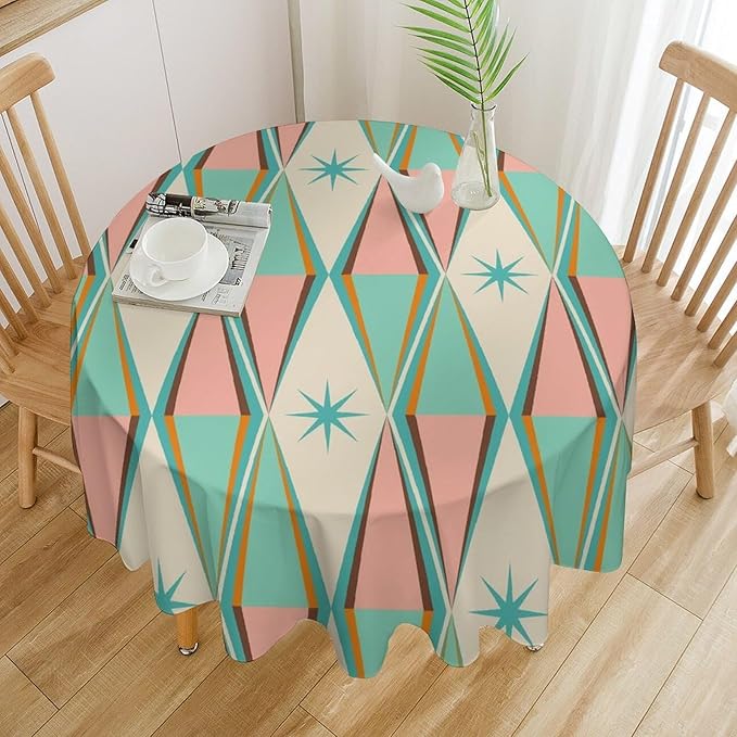 Mid Century Round Tablecloth, Vintage Bohemian Modern Mid-Century 50s 60s Print Tablecloth for Home Party Dining Room Kitchen Decor 70Inch(178cm)