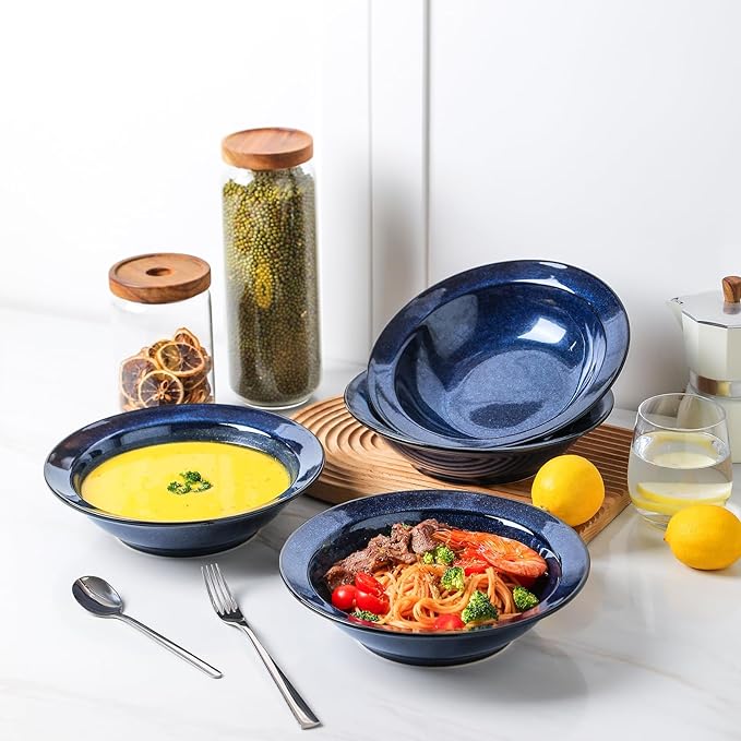 vicrays Wide Rim Soup Bowls - 27oz Ceramic Pasta Plates Bowl Set of 4 for Gumbo Salad Spaghetti Dipping Bread Dishes Home Restaurant Use - Microwave Dishwasher Oven Safe - Blue