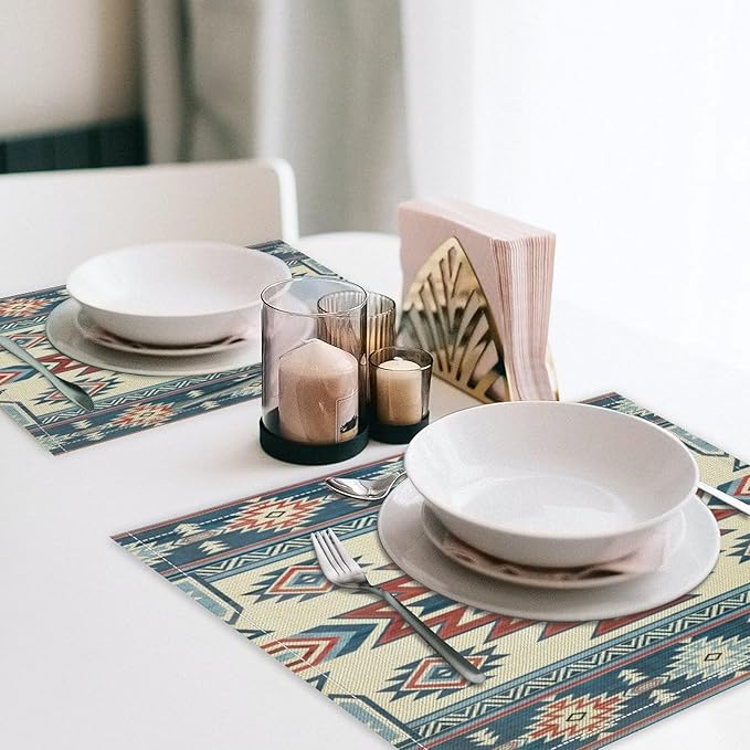 Ethnic Aztec Placemat Set, Vintage Bohemian Rustic Farmhouse Blue Red Mystic Native Tribal Geometric Totem Pattern Home Decor Linen Table Mats for Dining Room Kitchen Party (17x12in) x6P