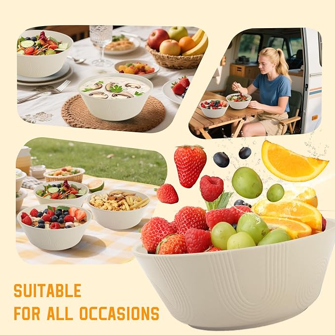 Homienly Large Deep Bowls 36 OZ, Wheat Straw Soup Bowls Set of 6, Plastic Bowls Microwave Safe, Unbreakable Bowl for Cereal, Soup, Salad, Popcorn, Idea for Party, Camping, Picnic, RV (Beige)