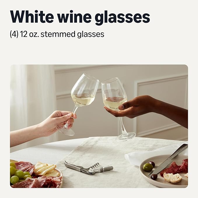 Amazon Basics Stemmed White Wine Glasses, 4-Piece Set, 12 oz., Dishwasher-Safe