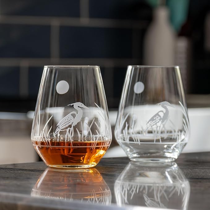 Rolf Glass Heron Stemless Wine Tumbler 18oz - Stemless Wine Glasses – Lead-Free Engraved Glass - Made in the USA (Set of 4)