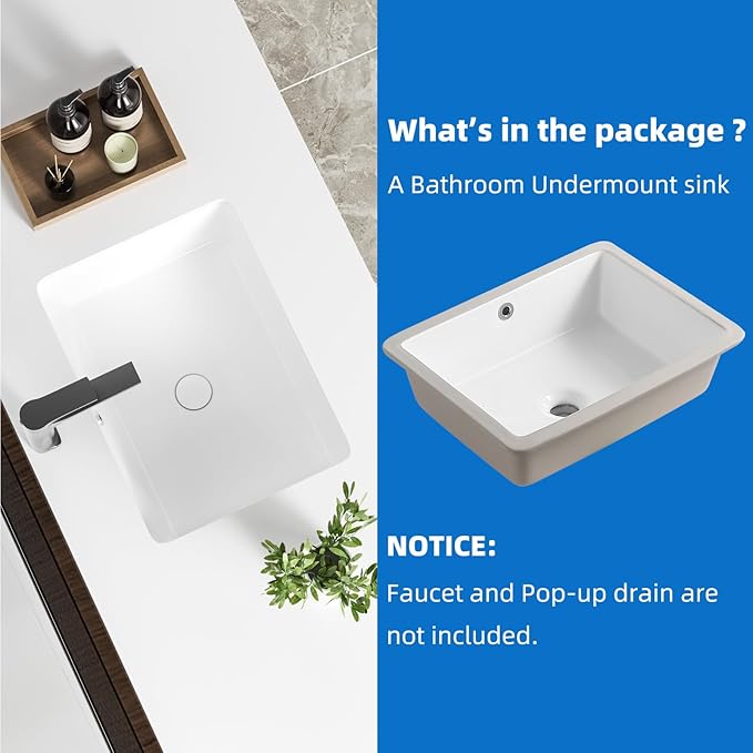 18 Inch White Rectangle Vessel Sink for Bathrooms 18.3" x 13.78" Small Undermount Bathroom Sink Ceramic Porcelain Under Counter Basin Sink with Overflow 465mm x 350mm Lavamanos Para Baños KINGWONG