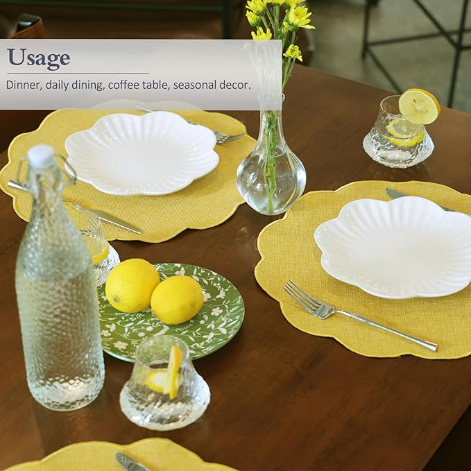 AHHFSMEI Round Faux Linen Placemats Set of 8 Waterproof Table Mats Heat Resistant Non-Slip and Stain Proof for Kitchen Dining Elegant Decor (Yellow,8)