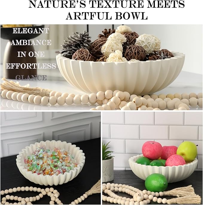 Decorative Bowl for Home Decor - White Large Decorative Fruit Bowls for Candy - Scalloped Ruffle Centerpiece key Bowl - Morden Round 10" Aesthetic Coffee Entry Table Decor With Wood Beads