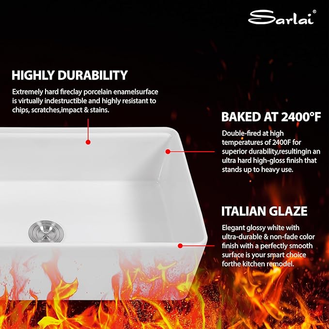 Sarlai 33 White Farmhouse Kitchen Sink - 33 x 20 Inch Farm Kitchen Sink Ledge Workstation White Ceramic Porcelain Fireclay Farmer Sinks Single Bowl Basin