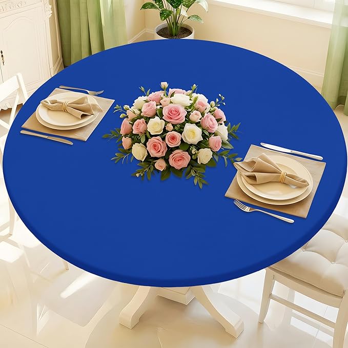 Round Spandex Tablecloth, Elastic Fitted Waterproof Tablecloths for 25"-30" Tables, Stretch Washable Picnic Table Cover for Camping, Dining, Indoor and Outdoor, Blue