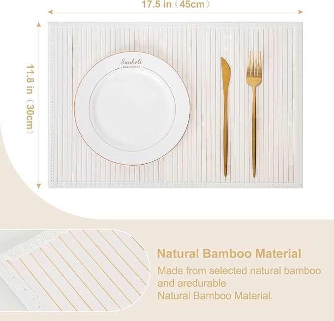 Bamboo Placemats with Fabric Border Set of 8 Natural Bamboo Rectangular Rolling Table Mats for Dining Kitchen Table Heat Resistant Table Protection White