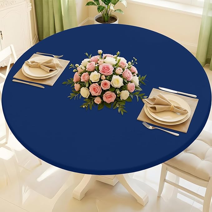 Round Spandex Tablecloth, Elastic Fitted Waterproof Tablecloths for 57"-68" Tables, Stretch Washable Picnic Table Cover for Camping, Dining, Indoor and Outdoor, Navy
