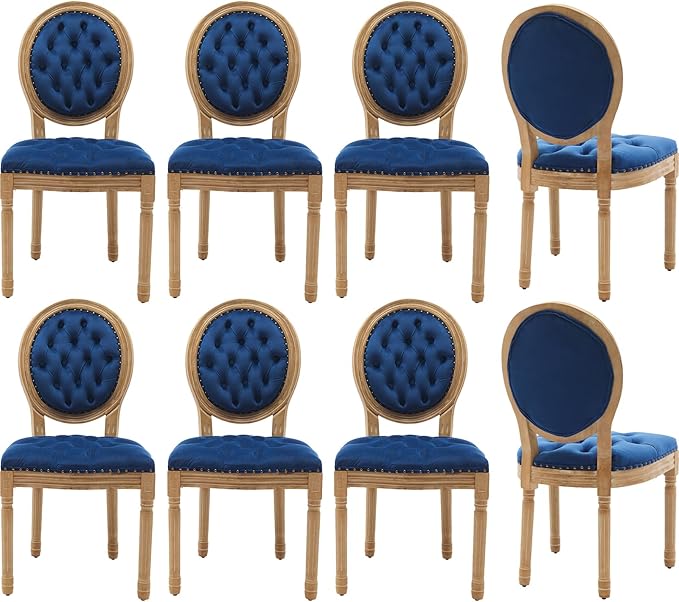 Vintage French Dining Chairs Set of 8, Round Back Velvet Upholstered Accent Chairs with Nailhead Trim and Solid Wood Frame, Elegant Sillas de Comedor for Dining Room & Kitchen, Blue