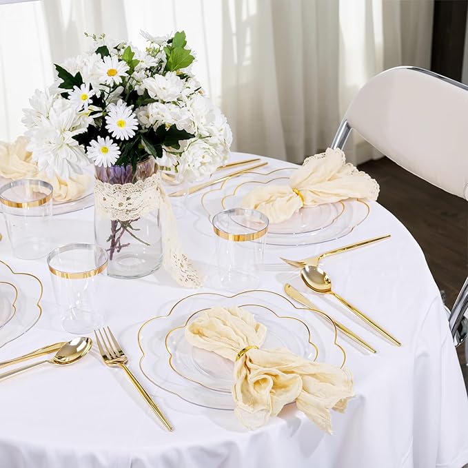 EI 180pcs Clear and Gold Plastic Plates with Plastic Silverware,Dinnerware Plate Set for Party,Disposable Plates Heavy Duty Clear Gold Cups for Wedding,Birthday,Spring Afternoon Tea