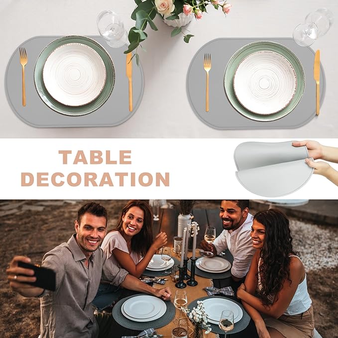 uxcell 4 Pcs Oval Silicone Placemat, 15.4" x 10.4" Non-Slip Washable Table Placemats Heat Resistant Waterproof Mat with High Edge for Table Kitchen Desk Protection, Light Gray