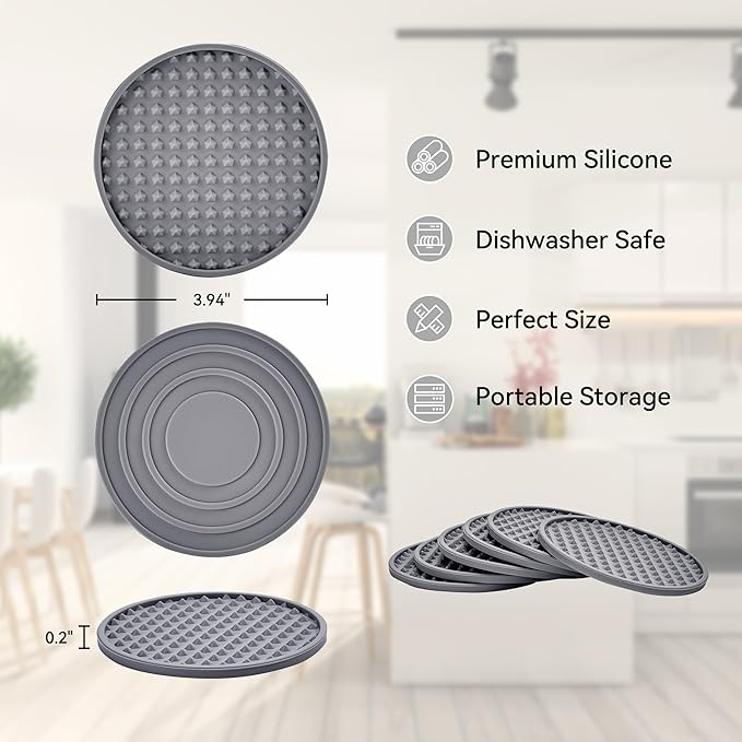 Coasters for Drinks, Silicone Coasters Set of 12 with ABS Holder, Outdoor Coaster for Coffee Table, Non-Slip Rubber Table Cup Mat Desk, Heat Resistant & Scratch-Proof (Grey)