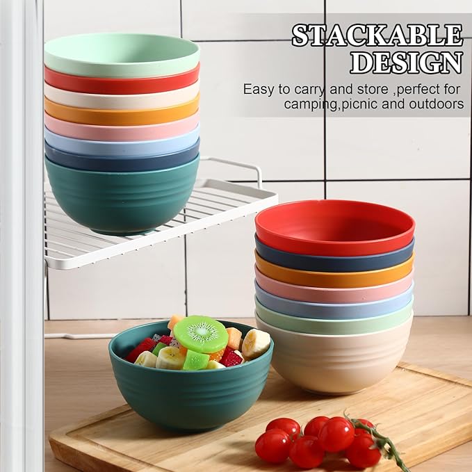 Eccliy 24 Pcs Wheat Straw Bowl Sets, Unbreakable Cereal Bowl 24 oz, Microwave and Dishwasher Safe Bowls for Cereal, Salad, Snack and Soup, Winter Style(Pink, Blue, Green, Beige, Orange, Yellow)