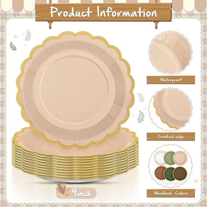 48 Pcs Woodland Green and Brown Paper Plates 9 Inch Gradient Scalloped Paper Disposable Dinner Dessert Plates for Birthday Wedding Bridal Party Supplies, 6 Colors