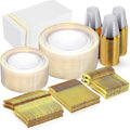 GATHER 350PCS Clear Gold Plastic Plates - Disposable Gold Dinnerware Sets Includes 100 Gold Rim Plastic Plates, 150 Silverware, 50 Napkins, 50 Cups for Party, Wedding