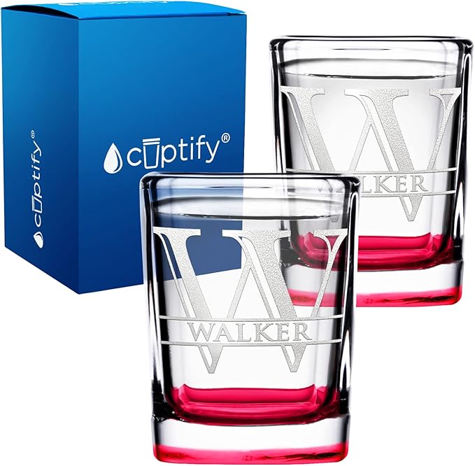 Personalized Glasses Set of 2 Initial and Name 2oz Red Bottom Etched Square Shot Glass Engraved with Custom Text Birthday Gift for Men and Women