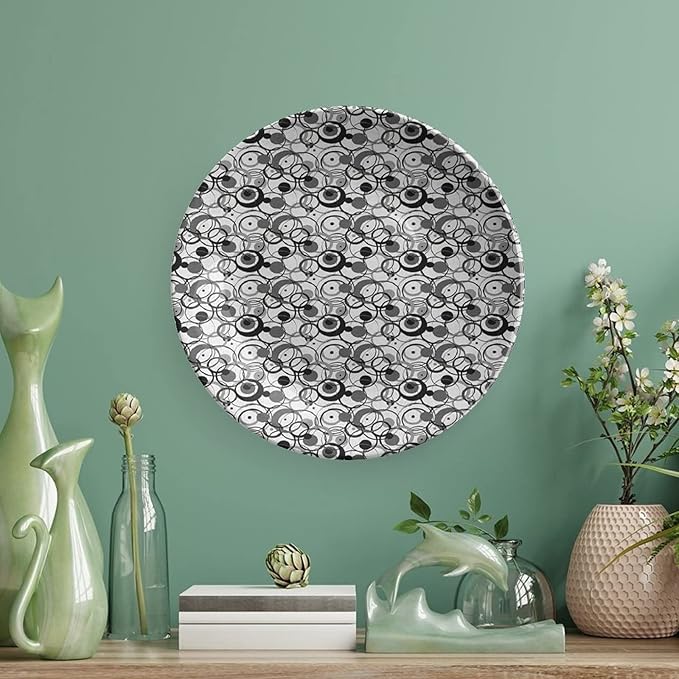 Ceramic Plates, Abstract Decorative Ceramic Plates, Monochrome Circles Dots Surreal Geometric Modern, 6 Inch, for Dining, Parties, Wedding, Grey Black White